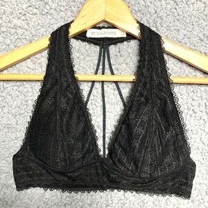 By Together Strappy Halter Lace Padded Wireless Plunge Bralette Bra M Black